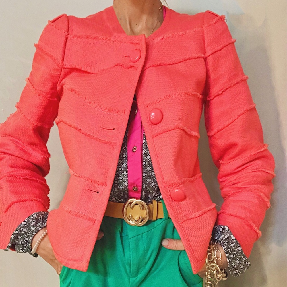 J. Crew Coral Cropped Fray Tweed Blazer